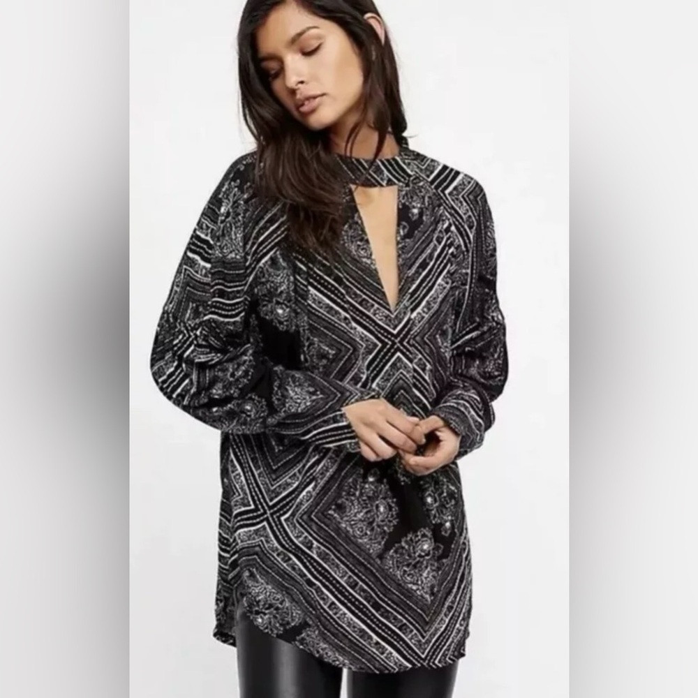 Free People Walking On A Dream Size S Women Tunic Top Blouse Black Gray Boho
